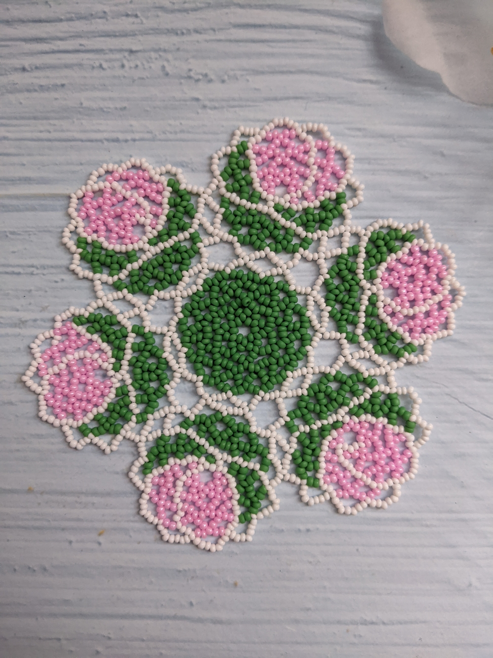 Handmade Pink and Green Beaded Floral Doily - Home Accents Decor